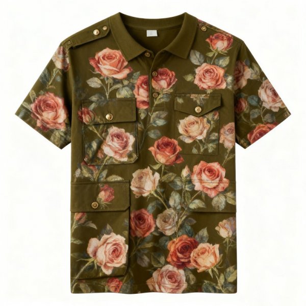 Rose Pattern Military Green Polo Collar Cargo T-Shirt