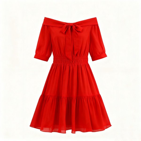 Bold Red Off-Shoulder Dress with Tiered Ruffled Skirt