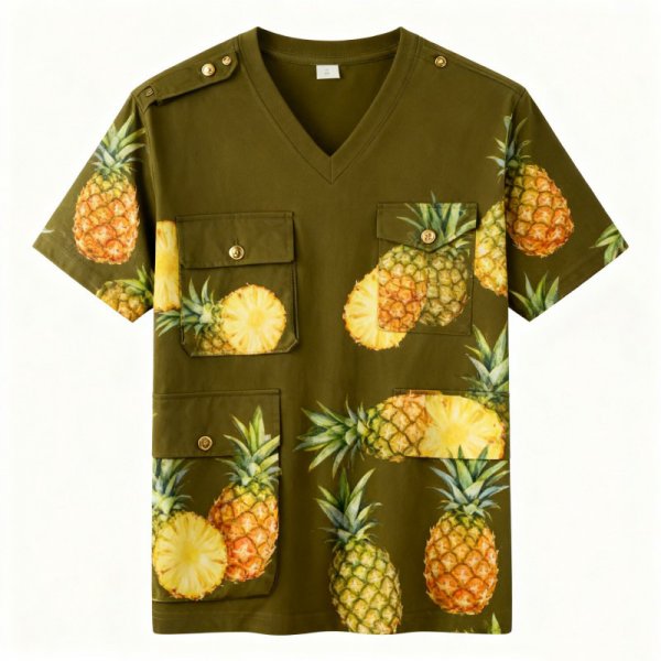Pineapple Pattern Military Green V-Neck Cargo T-Shirt