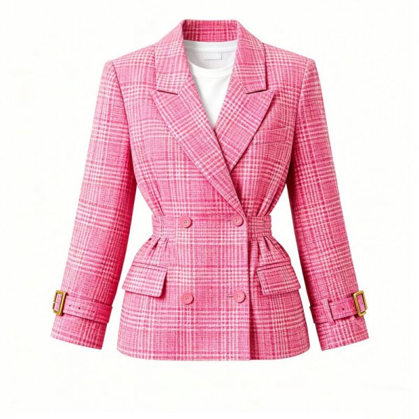Pink Plaid Belted Blazer