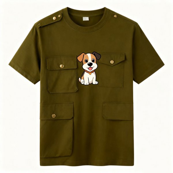 Cartoon Puppy Print Military Green Cargo Pocket T-Shirt