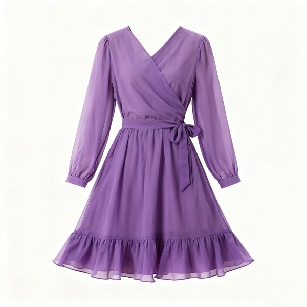 Elegant Purple Wrap Dress with Long Sleeves & Ruffled Skirt