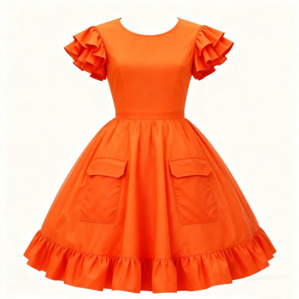 Orange Ruffled-Sleeve Flared Dress