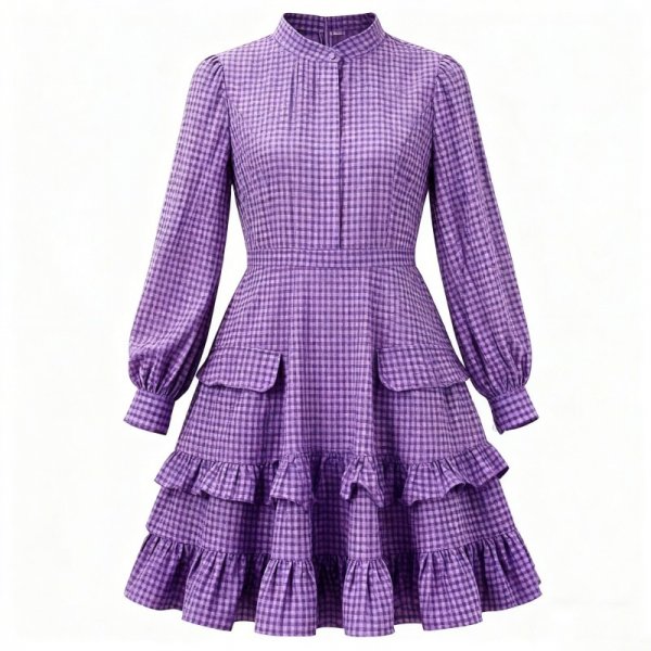 Purple Gingham Tiered Ruffle Dress