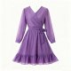 Elegant Purple Wrap Dress with Long Sleeves & Ruffled Skirt