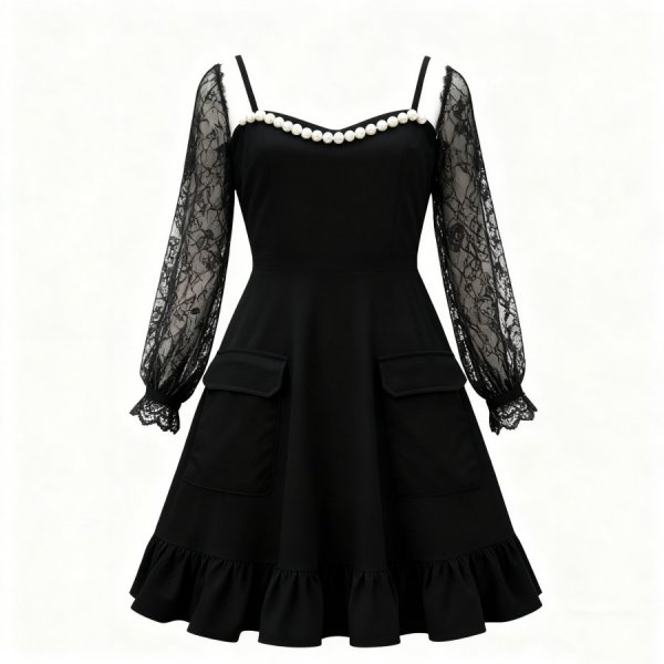Black Pearl-Trim Lace-Sleeve Dress