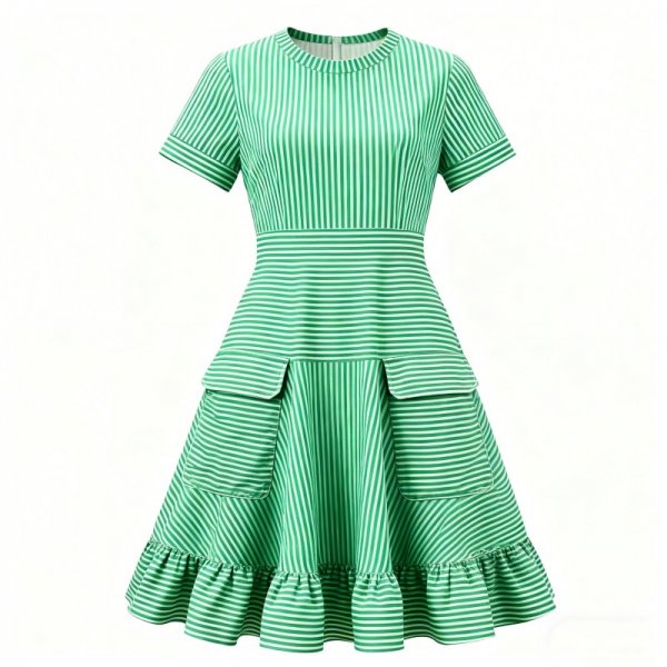 Green Striped Fit-and-Flare Dress