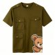 Cartoon Bear Side Print Military Green Cargo Pocket T-Shirt
