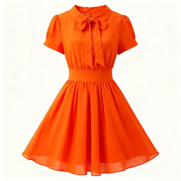 Vibrant Orange Peter Pan Collar Dress with Puffed Sleeves