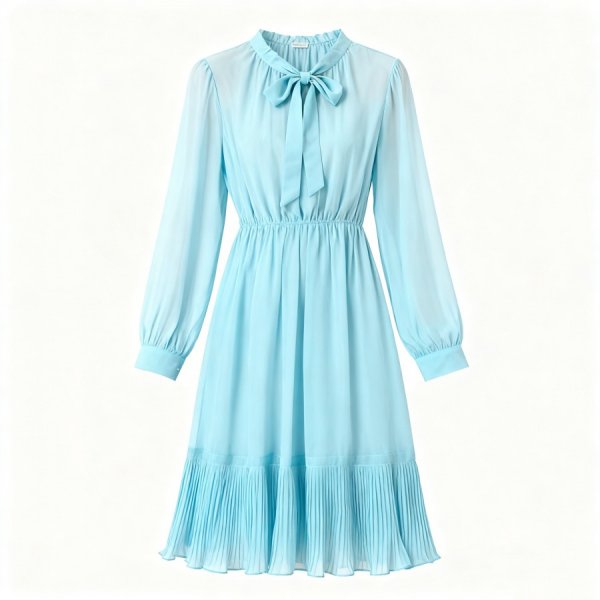 Soft Light Blue Bow-Neck Dress with Long Sleeves & Pleated Hem