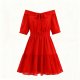 Bold Red Off-Shoulder Dress with Tiered Ruffled Skirt
