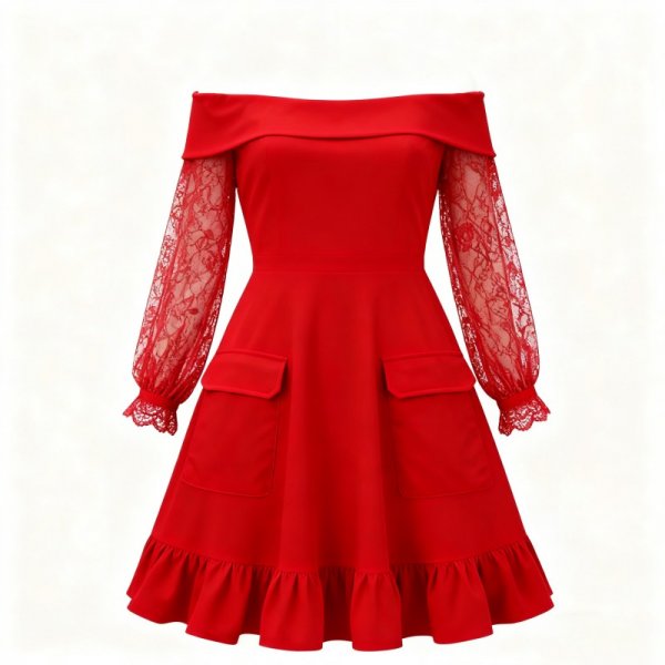 Red Off-the-Shoulder Lace-Sleeve Dress