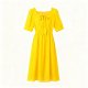 Bright Yellow Square-Neck Midi Dress with Bow Detail