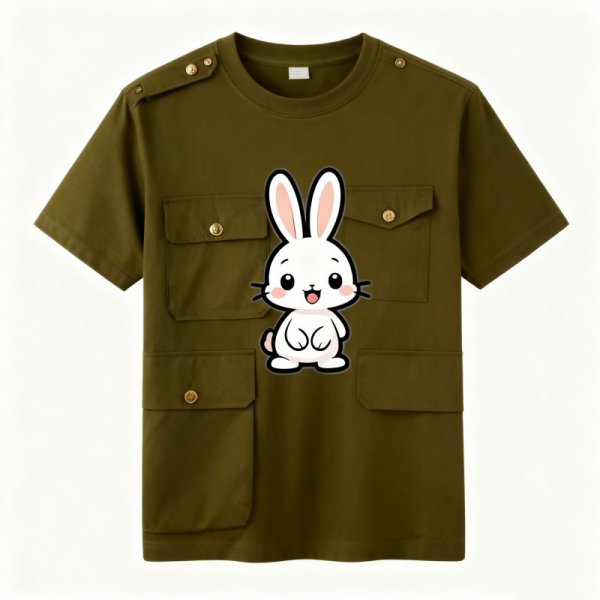 Cartoon Rabbit Print Military Green Cargo Pocket T-Shirt