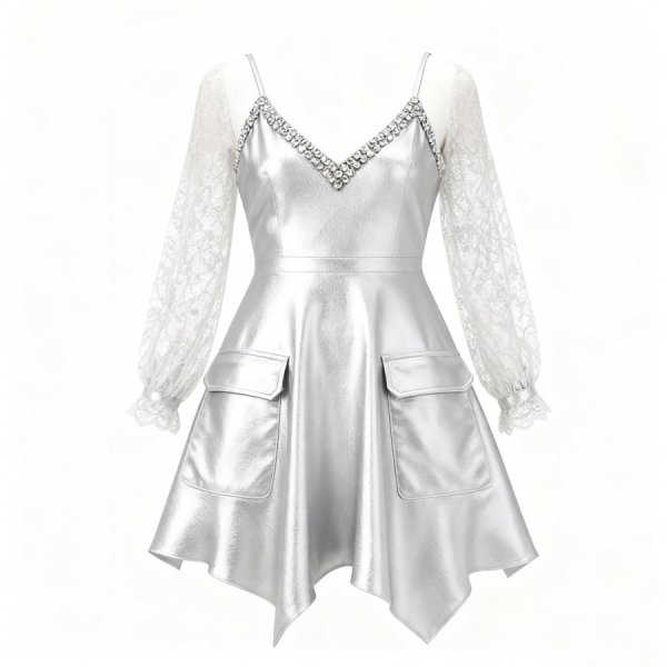 Silver Sequin-Trim Asymmetric Dress