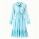Soft Light Blue Bow-Neck Dress with Long Sleeves & Pleated Hem