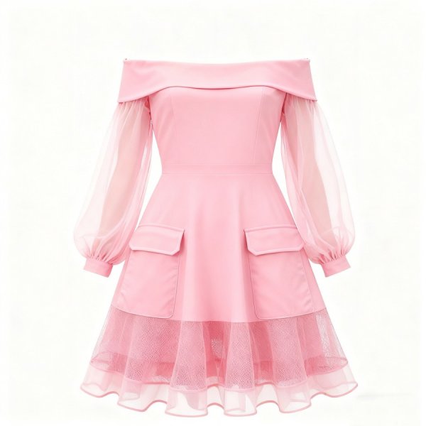Pink Off-Shoulder Sheer-Sleeve Dress