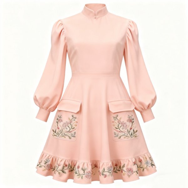 Blush Pink Mandarin-Collar Embroidered Dress