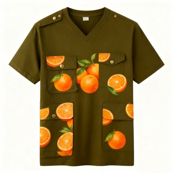 Orange Print Military Green V-Neck Cargo T-Shirt