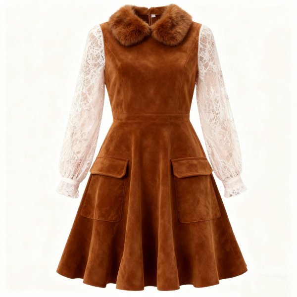 Brown Suede-Look Dress with Lace Sleeves