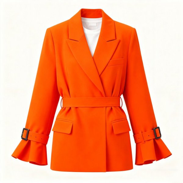 Orange Belted Flared-Cuff Blazer