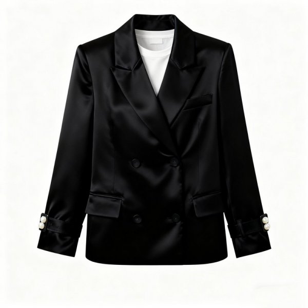 Black Satin Pearl-Cuff Blazer
