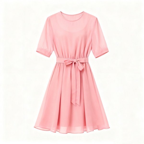 Soft Pink Round-Neck Dress with Tie-Waist & Flared Skirt