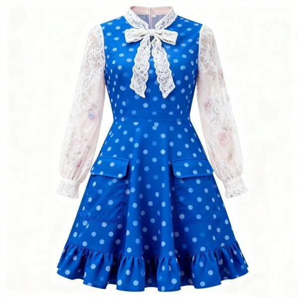 Blue Polka-Dot Dress with Lace Sleeves
