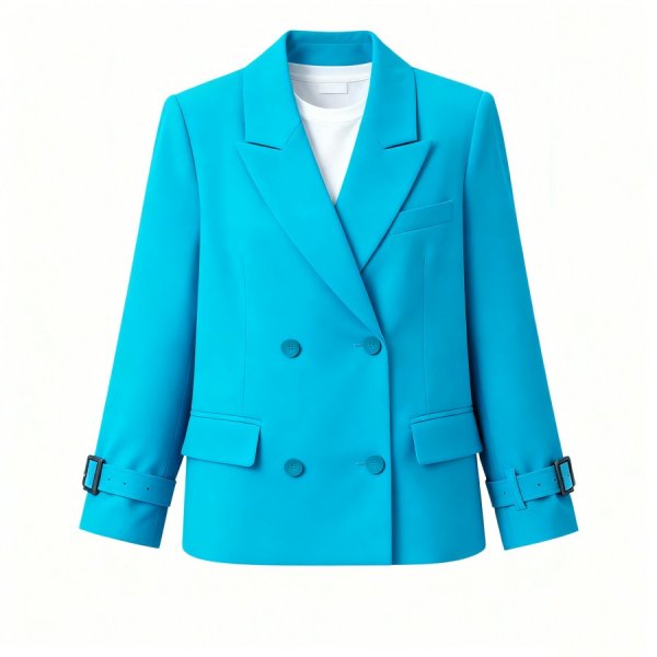 Turquoise Double-Breasted Blazer with Belted Cuffs