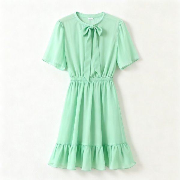 Fresh Mint Green Bow-Neck Dress with Ruffled Hem