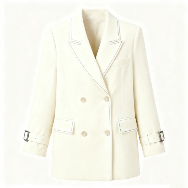 White Double-Breasted Blazer with Contrast Stitching