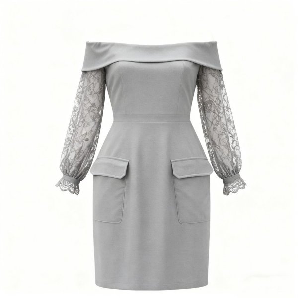 Gray Off-Shoulder Lace-Sleeve Dress