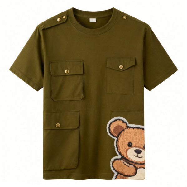 Cartoon Bear Side Print Military Green Cargo Pocket T-Shirt