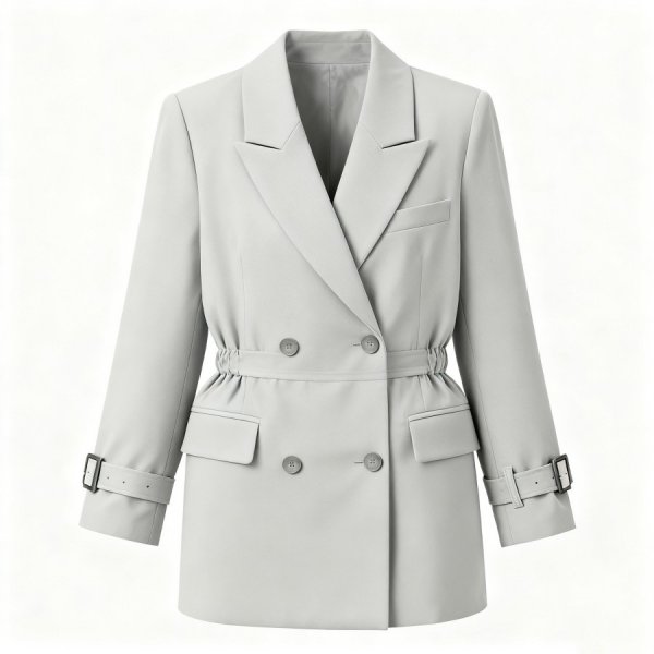 Light Gray Double-Breasted Blazer with Drawstring Waist