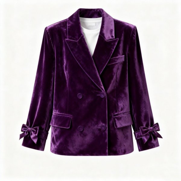 Purple Velvet Bow-Cuff Blazer