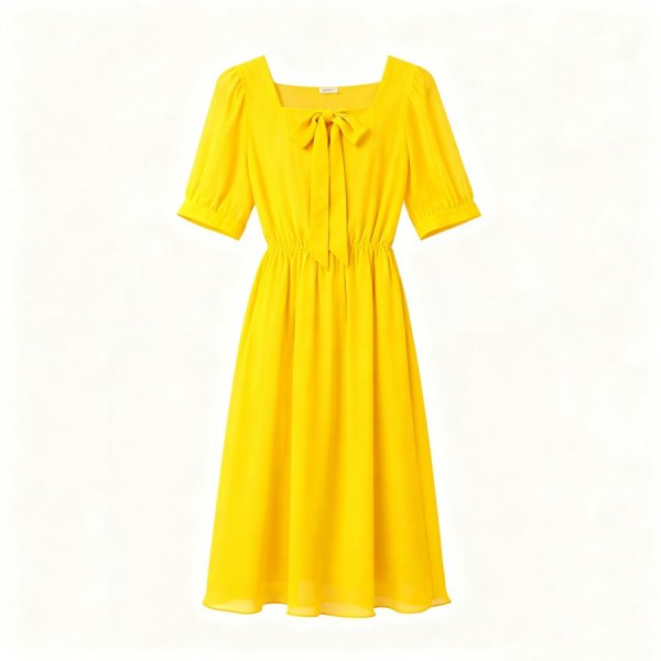 Bright Yellow Square-Neck Midi Dress with Bow Detail